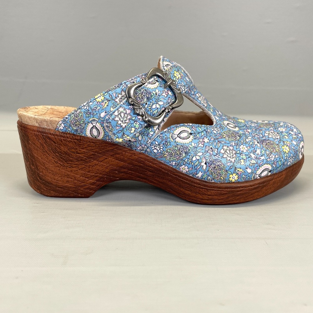 Alegria Selina Floral Clogs Womens Size 35 US 5 Blue Leather Wedge Comfort Shoes